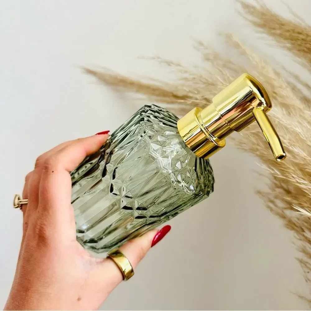 NEW West Elm Gold Green Vintage Etched Glass MidCentury Modern Soap Dispenser